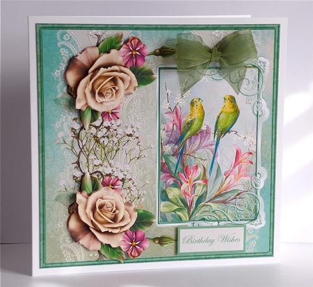 Budgerigars and Roses Card and Decoupage by Denise Murray