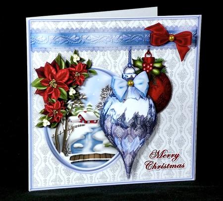 Christmas Baubles and Poinsettias Card Front by Denise Murray