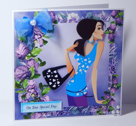 Trendy Girl with Lilac Roses, and Big Blue Bow 8x8 by Denise Murray