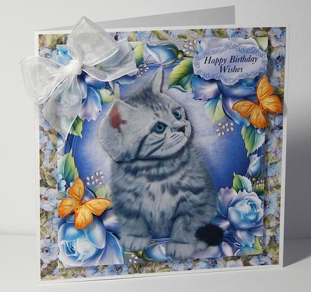 Beautiful Grey Cat in Blue Roses 8x8 by Denise Murray
