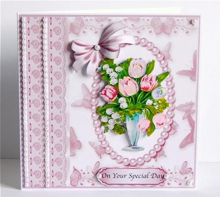 Pretty Vintage Vase of Tulips and Gypsophila 8x8 by Denise Murray