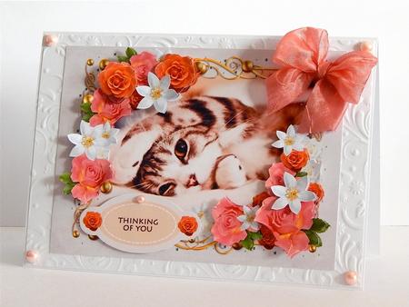 Pink Amber Kitty Decoupage Card Front by Denise Murray