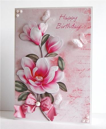 Pink Magnolias Birthday Card Front with Decoupage by Denise Murray