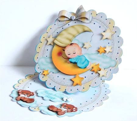 Baby Boy on the Moon Scalloped Round Easel Card by Denise Murray
