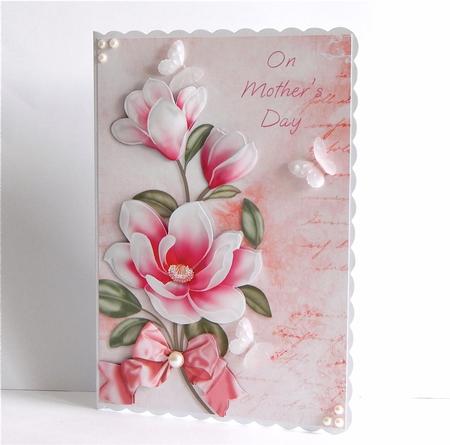 Pink Magnolias Mothers Day Card Front with Decoupage by Denise Murray