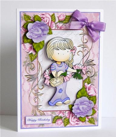 Girl in Lilac with Basket of Flowers Card Front by Denise Murray