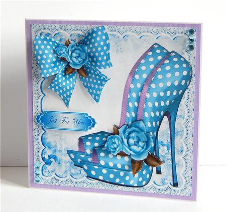 Pretty Blue Polka Dot Shoes with Roses and Bow 8x8 by Denise Murray