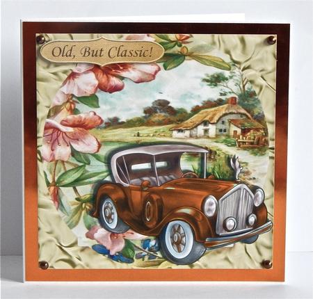 Brown Vintage Car with Flowers and a Cottage 8x8 by Denise Murray