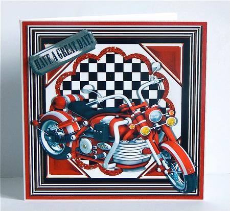 Red Motorbike with Chequered Ornate Frame 8x8 by Denise Murray