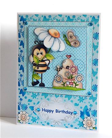 Blue Happy Birthday Bee Card Front 2 by Denise Murray