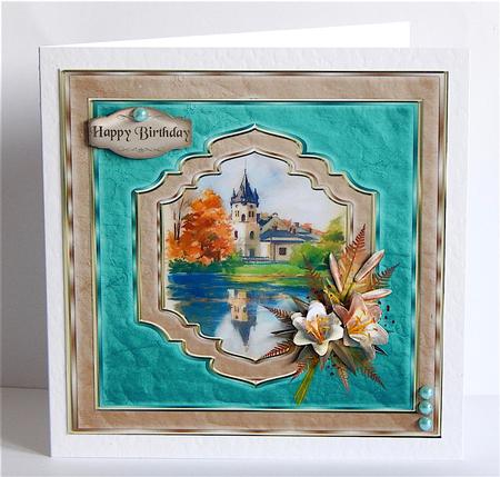 Birthday Card with Framed Landscape and Decoupage Flowers by Denise Murray