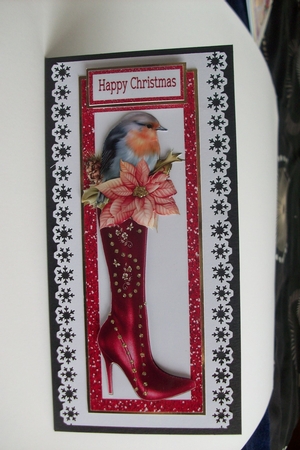 Pretty Robin with Poinsettias in High Heeled Boot Dl by Denise Mynard