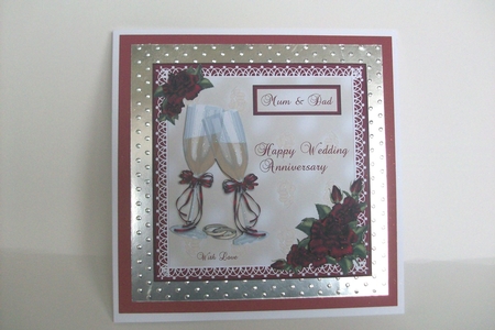 Wedding anniversary card with champagne & red roses by Denise Mynard