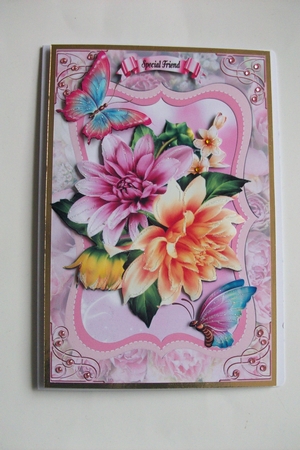 Dahlias and Butterflies on a Pink Floral Background by Denise Mynard