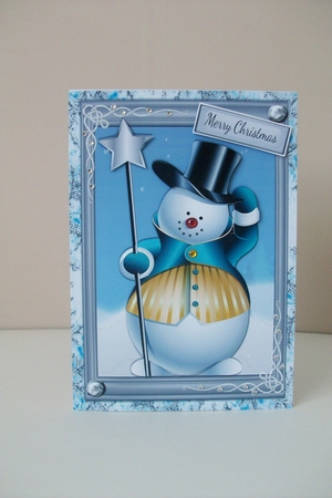 Cute Snowman In Blue & Yellow Coat by Denise Mynard