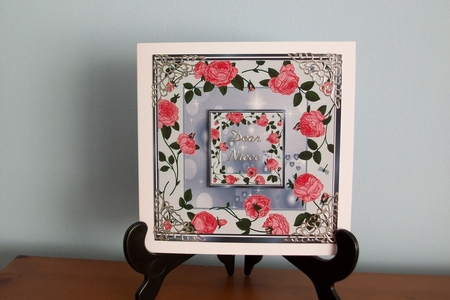 Pretty cascading peach roses with silver frame card front/insert by Denise Mynard