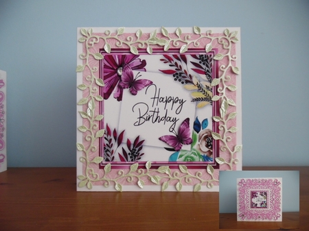 pink watercolour flowers with butterflies 8x8 by Denise Mynard