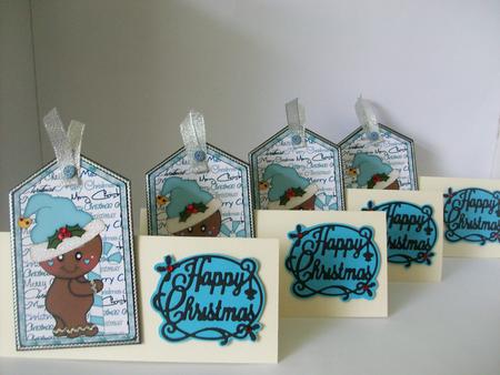 4 Gingerbread Blue Tag Toppers by Denise Mynard