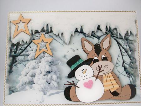 Cute Horse with Snowman and Gold Stars by Denise Mynard