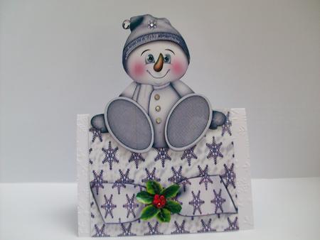 Jolly Little Snowman in Silver with Holly Over the Edge by Denise Mynard
