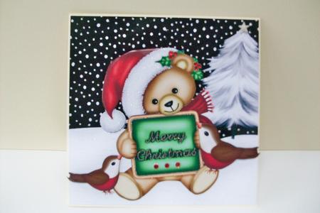 Santa Bear with Robins in the Snow 8x8 by Denise Mynard