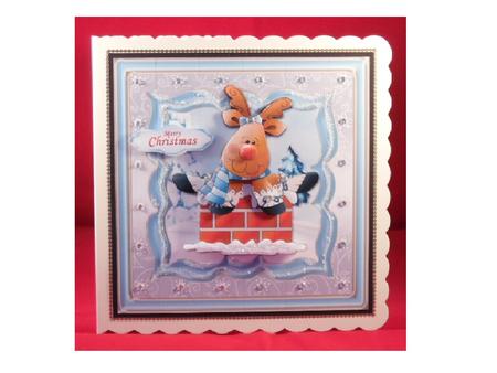 Reindeer on Chimney Blue and Silver Card Front by Denise Mynard