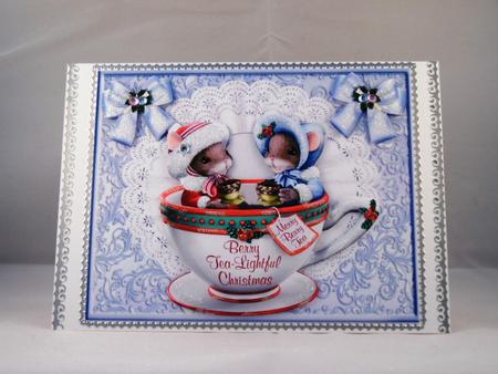Little Mice in a Teacup on a Doilie with Bows by Denise Mynard