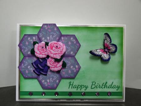 Pink Rose Hexagon Patchwork Birthday Card by Denise Mynard
