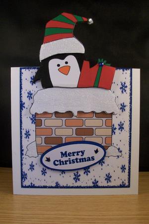 Penguin in the Chimney, Over the Edge Card by Denise Mynard
