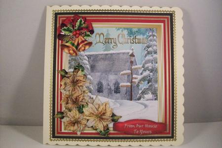 Lovely Christmas Church Scene and Gold Poinsetias  by Denise Mynard