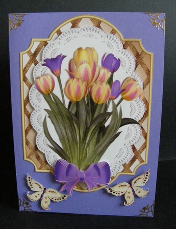 Spring Purple and Yellow Tulips on Lace with Butterflies by Diana Holmes