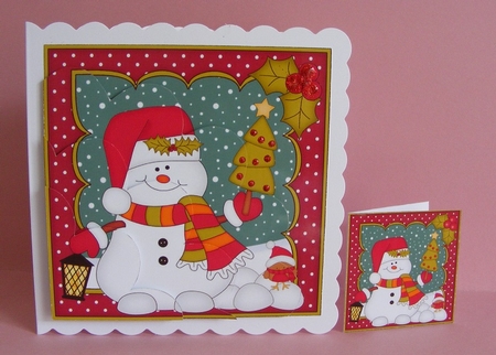 Snowman Oli has a Christmas Tree Shell Edged Corner side stacker by Diana Holmes