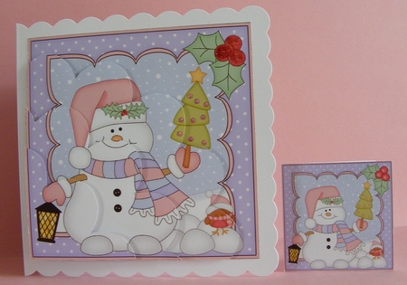Snowman Oli has a Christmas Tree Shell Edged Corner side stacker by Diana Holmes