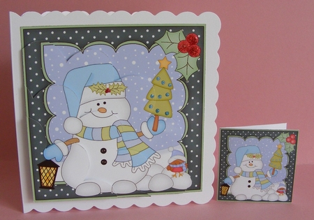 Snowman Oli has a Christmas Tree Shell Edged Corner side stacker by Diana Holmes