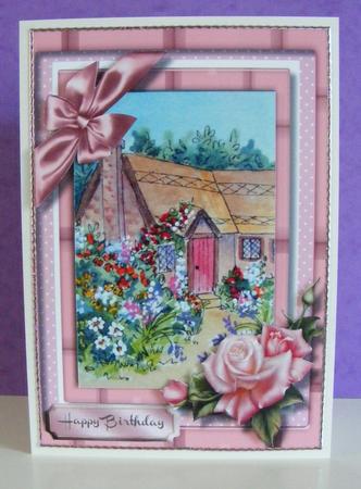 Beautiful Thatched Cottage and Pink Roses by Diana Holmes