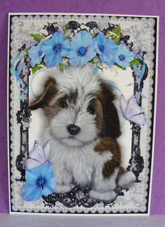 Cute Puppy with Flowers in Lace Frame A4 by Diana Holmes