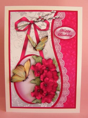 Cerise Flowers and Butterflies Waved Border Card Front by Diana Holmes