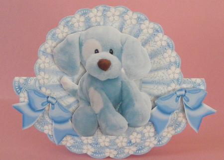 Cute Blue Puppy with Bows and White Flowers Lace Rocker by Diana Holmes