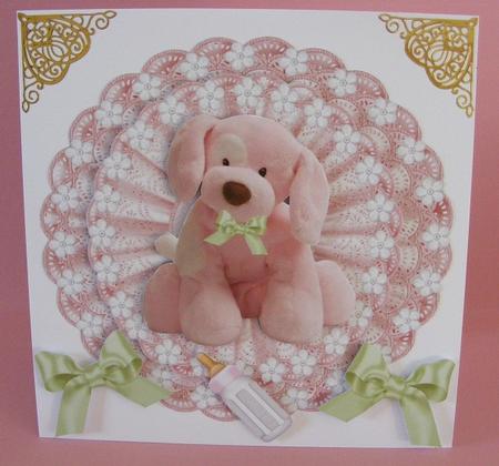 Pink Fluffy Puppy with Bows on Lace Rocker by Diana Holmes