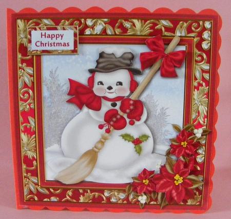 Sweeping Snowman and Poinsettia Red Card Front by Diana Holmes