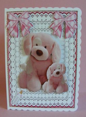 Pink Mother and Baby Puppy in Lace Frame with Bows by Diana Holmes