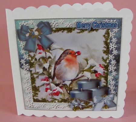 Cute Robin in the Snow with Blue Candles 8x8 by Diana Holmes