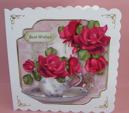 Teacup, Saucer & Celebration Roses - Shaped Topper by Diana Holmes