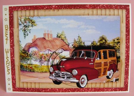 1948 Red Vintage Woody Car with Cottage Oval Pyramids by Diana Holmes