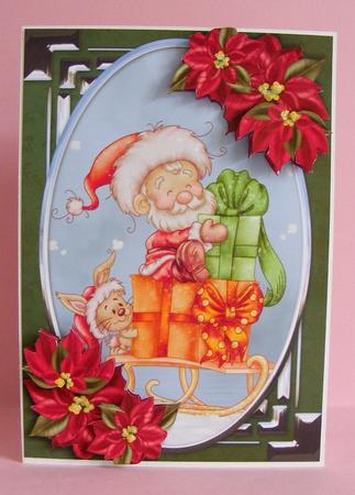 Santas on His Way Card Front with Poinsettias by Diana Holmes
