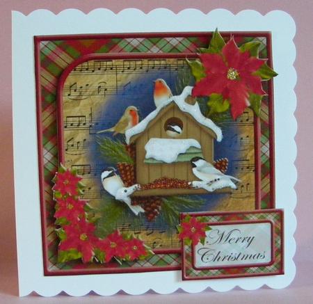 Christmas Night Bird Feeder Poinsettia Square Topper by Diana Holmes