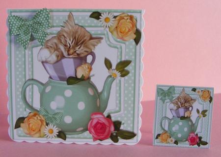 Cute Kitten in Teacup with Bow and Roses 8x8 by Diana Holmes