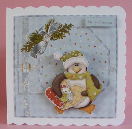 Penguin with a Christmas Heart 7x7 Card with Decoupage by Diana Holmes