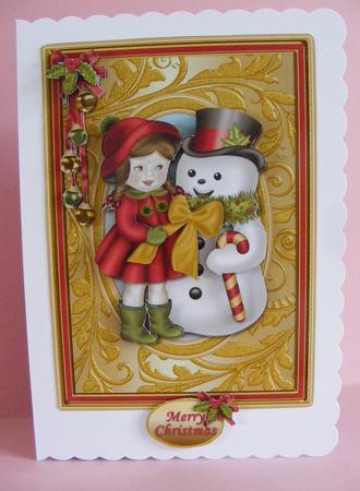 Girl with Snowman Gold 7 x 5 Card Front by Diana Holmes