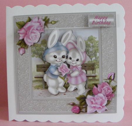 Romantic Bunnies with Roses Square Card Front by Diana Holmes